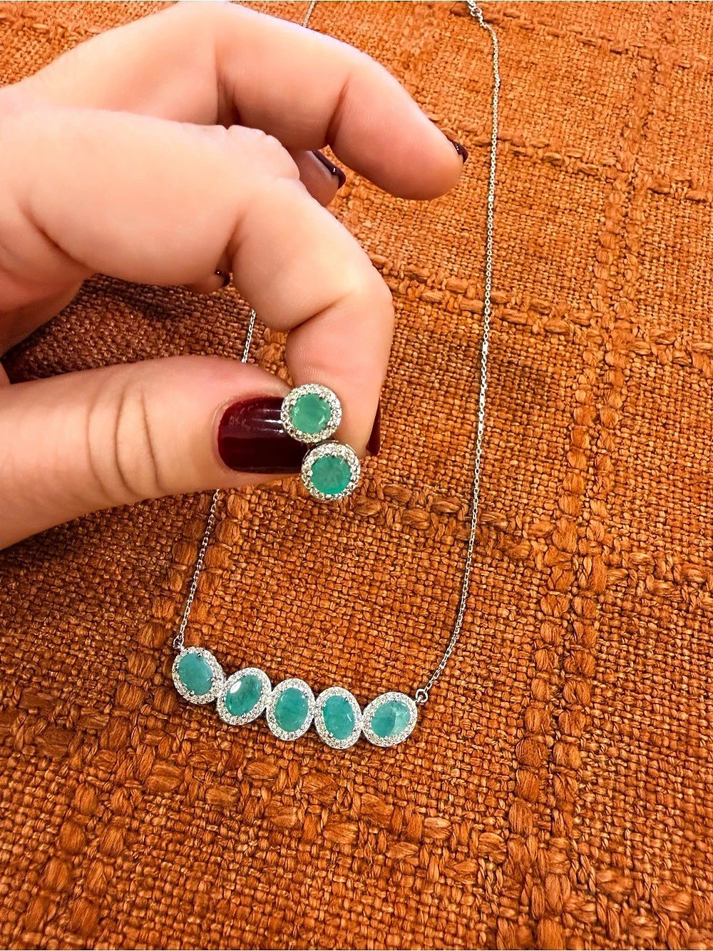 Emerald and cubic zirconia necklace and earrings set